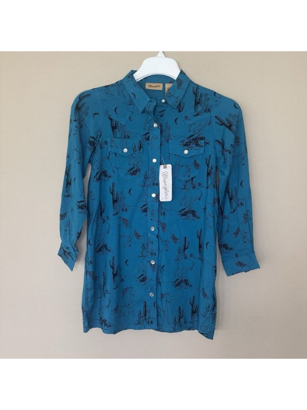 NWT Wrangler Pearl Snap Western Shirt Girls Youth XL Teal Blue 3/4 Sleeve Rodeo